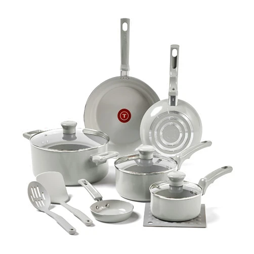 T-fal Refresh Ceramic Ceramic Non Stick Cookware Set 12 Piece, Oven Broiler Safe 350F, Cookware, Kitchen Cooking Set w/Fry Pans, Saucepans & Kitchen Utensils, Pots and Pans Set Nonstick, Moon Gray