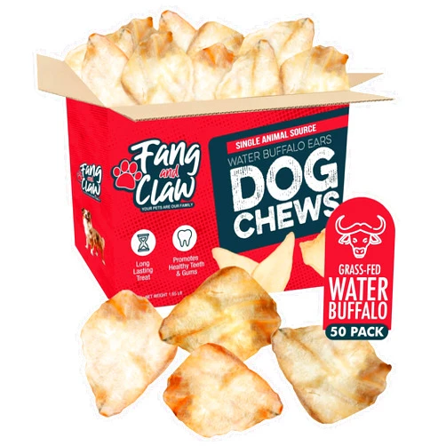 Fang and Claw Fang & Claw Water Buffalo Ears for Dogs (50 Pack) - Free Range Grass Fed Low Calorie All Natural Dog Chews - Healthy Dental Chew Bone Alternative - No Rawhide Dog Chews - Long Lasting Natural Treats