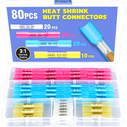 haisstronica 80PCS Heat Shrink Butt Connectors,AWG 26-10 Marine Grade Heat Shrink Wire Connectors,Tinned Red Copper Waterproof Wire Connectors(4Colors/4Sizes)