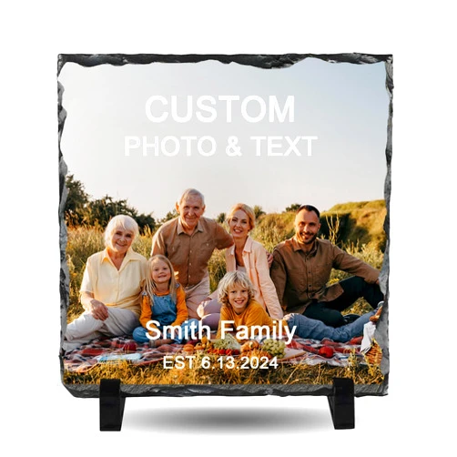 Overket Personalized Custom Gifts Rock Slate Photo Frame - Unique Photo Gifts Stone Slate Picture Frames with Text for Mom Dad Family Father's Day Mother's Day (A-Square)