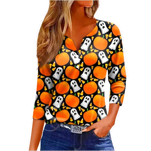 GMQNBXN Halloween Women Tops 3/4 Length Sleeve V Neck Button Down Shirts Fashion Funny Bat Pumpkin Print Festival Blouses