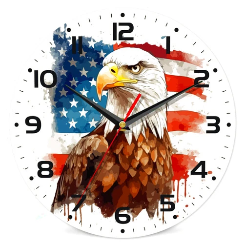 DEMACYA Wall Clock, 4th of July American Flag Wall Clock, Watercolor Bald Eagle Clocks, Contemporary Home Decor Easy to Read Wall Clock for Living Room, Bedroom, Bathroom and Kitchen, 10 Inch