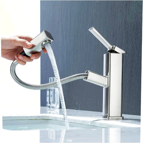 KAIYING Bathroom Sink Faucet with Pull Out Sprayer, Single Hole Utility Bar Sink Faucet, Lavatory Pull Down RV Sink Faucets with Rotating Spout, Single Handle (Regular, Brushed Nickel)