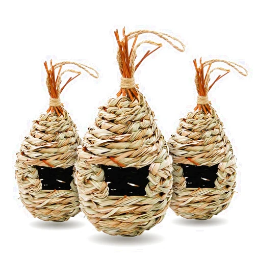 Gute Hummingbird Houses for Outside Hanging, Natural Grass Hanging Bird Hut, Hand Woven Hummingbird Nest, Large Wren Finch Bird House for Garden Window Outdoor Home Decoration, 3 Pack