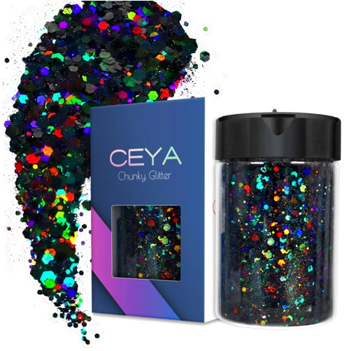 Ceya Holographic Chunky Glitter, 4.9oz/ 140g Black Craft Glitter Powder Mixed Chunky Fine Flakes Iridescent Nail Sequins for Nail Art, Hair, Epoxy Resin, Tumblers, Slime, Painting, Festival Decor