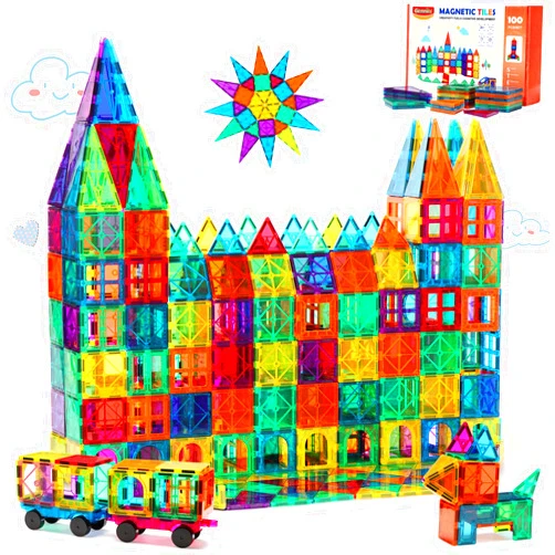 Gemmicc Magnetic Tiles Building Blocks for Kids, STEM Approved Educational Toys,3D Magnet Puzzles Stacking Blocks for Boys Girls,100 PCS Advanced Set with 2 Cars