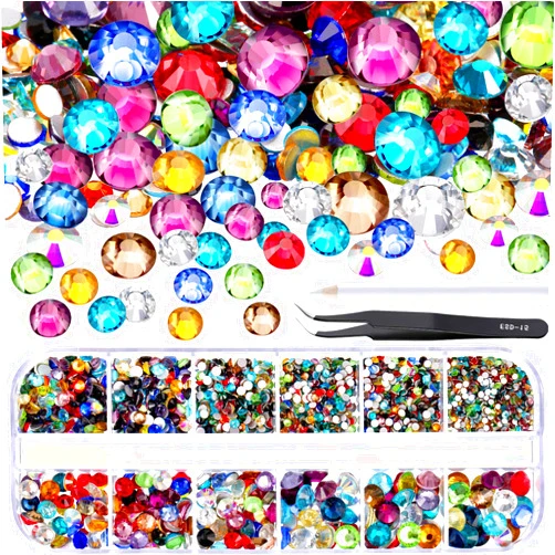 TecUnite 2000 Pieces Flat Back Gems Round Crystal Rhinestones 6 Sizes (1.5-6 mm) with Pick Up Tweezer and Rhinestones Picking Pen for Crafts Nail Face Art Clothes Shoes Bags DIY (Multicolors)