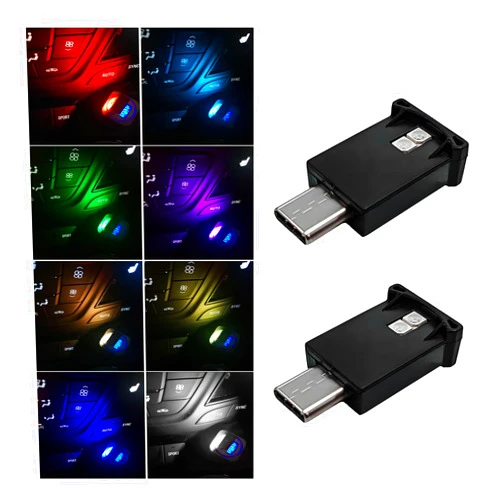 DXNQ 2PCS USB Type C LED Ambient Light, 8 Colors RGB Dynamic Atmosphere Lamp Car Interior Decor USB Night Light, Adjustable Bright Plug-in Mini Ambient Lighting Kit for Car Laptop