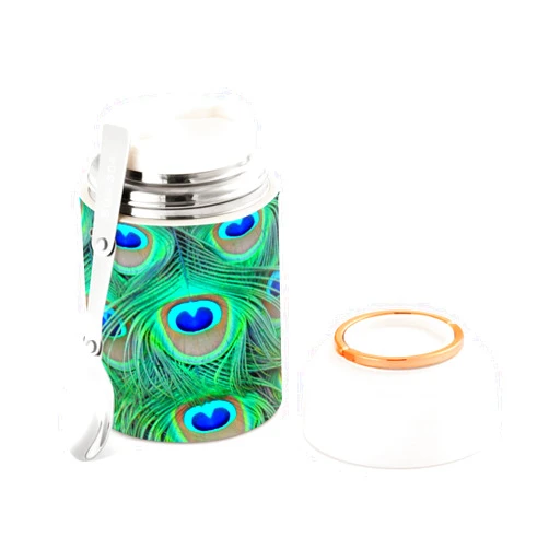 YETTASBIN 17 oz Stainless Steel Vacuum Insulated Food Jar for Kids Adults, Peacock Feather Leakproof Wide Mouth Soup Thermal Lunch Fruit Container with Folding Spoon for Hot Cold Food