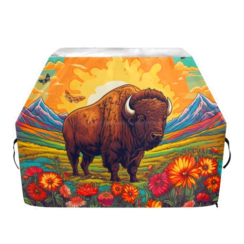 YMGQYJ Grill Cover Bison Field Print for Outdoor BBQ, Waterproof UV and Fade Resistant with Adjustable Drawstring 65