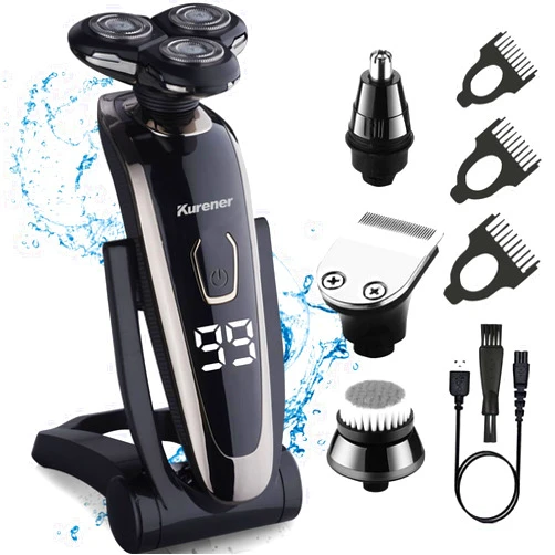 Kurener Electric Razor for Men Shaver Rechargeable Waterproof Rotary for Shaving with Nose Trimmer Sideburns Trimmer Face Cleaning Brush