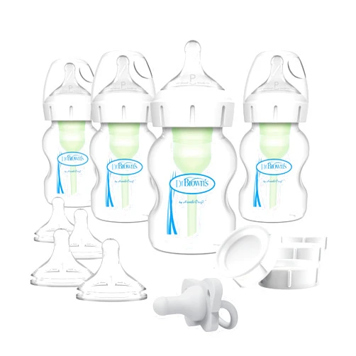 Dr. Brown's Anti-Colic Wide-Neck Feeding Set with Slow Flow Nipples, Travel Caps & Silicone Pacifier