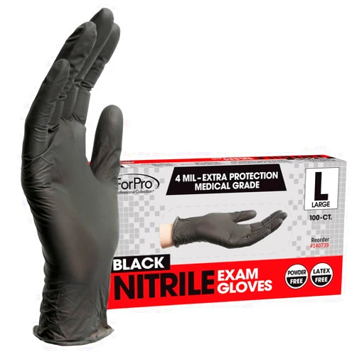 ForPro Professional Collection ForPro Disposable Nitrile Exam Gloves, Medical Grade, 4 Mil Extra Protection, Powder-Free, Latex-Free, Non-Sterile, Food Safe, Black, Large, 100-Count