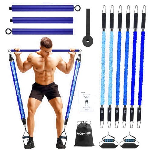 Hommie Portable Pilates Bar Kit with Resistance Bands for Men and Women，Upgraded 3 Section Pilates Bar with Resistance Bands (20-60lb) for Home Gym Equipment Supports Full-Body