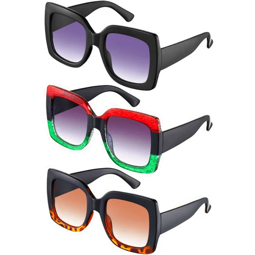 Weewooday 3 Pairs Oversized Square Sunglasses Crystal Rhinestone Exaggerated Flat Top Shades Sunglasses for Women Men