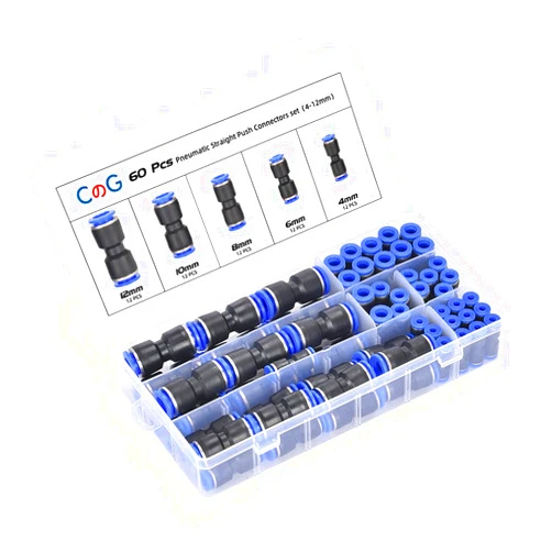 CGELE 60Pcs Quick Connect Air Hose Fittings 4/6/8/10/12 mm Quick Release Pneumatic Push to Connect Fittings Kit Air Line Fittings for 5/32 1/4 5/16 3/8 1/2 inch Tube