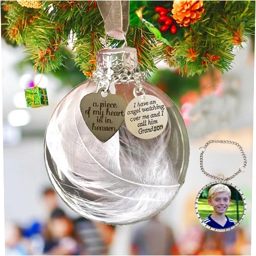 HGCYCF Sympathy Gifts for Loss of Grandson,Clear Christmas Memorial Ornament Feather Ball, A Piece of My Heart is in Heaven,Christmas Tree Remembrance Hanging Pendant 3.15 inch (Grandson)