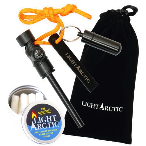LightArctic 6-in-1 Fire Starter Survival Gear: Ferro Rod Kit Includes Compass, Whistle, 11 pcs Waxed Tinders with Waterproof Capsule - Tested in The Most Extreme Weather Conditions