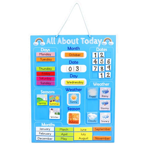 Navaris Kids Magnetic Calendar - Early Years Learning - Weather, Date, Month, Day, Season Educational Chart for Children - Kids Wall Board - Blue