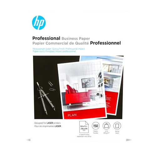 HP Professional Business Paper, Glossy, 8.5x11 in, 52 lb, 150 sheets, works with laser printers (4WN10A),White