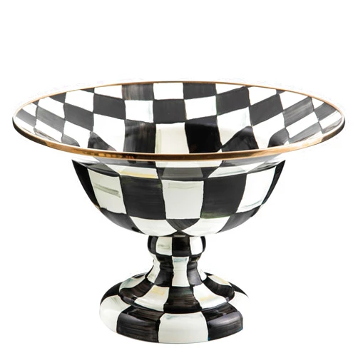 MACKENZIE-CHILDS Enamel Compote, Cute Enamel Pedestal Serving Dish or Decorative Bowl, Large, Black-and-White Courtly Check