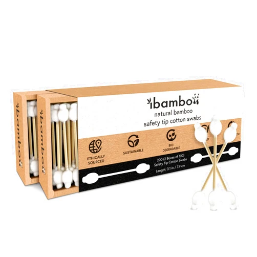 Ibambo 200 Pack Bamboo Baby Cotton Swabs - Double Tipped Child Safety Cotton Swabs for Ear and Nose Cleaning | Perfect for Diaper Bags, Kids, Personal Care, Arts & Crafts | Hypoallergenic Baby Swabs