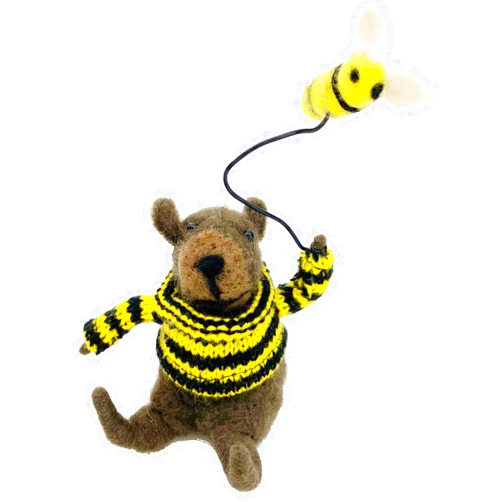 THE JOY TREE Bee Bear Ornament - Wool Bear with Honey Bee Christmas Ornament Holiday Decoration