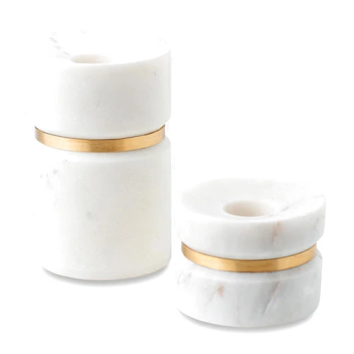 Cork & Mill Taper Candle Holders for Candlesticks, Set of 2 Handcrafted White Marble and Gold Brass Candle Stick Holders for Tall Tapered Candles, Modern Centerpiece for Dining Table Decor or Mantle