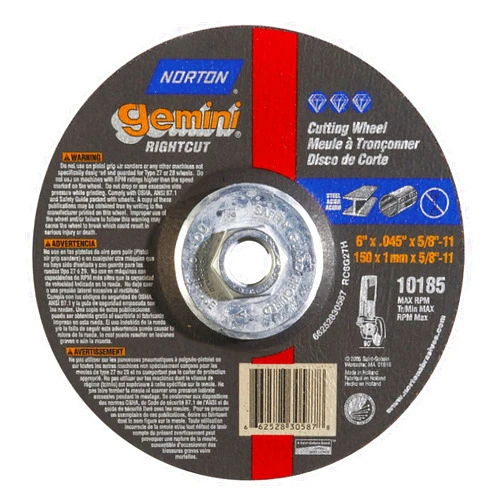 Norton Gemini Right Cut Right Angle Grinder Reinforced Abrasive Flat Cut-off Wheel, Type 27, Aluminum Oxide, 5/8