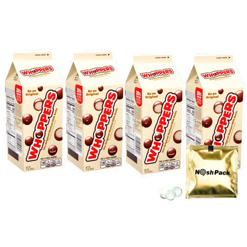 NOSH PACK Whoppers Malted Milk Balls Candy - 12 Ounce Chocolate Balls with Nosh Pack Mints (4 Pack)