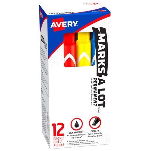 AVERY Marks-A-Lot Permanent Markers, Large Desk-Style Size, Chisel Tip, Water and Wear Resistant, 12 Assorted Markers (24800)