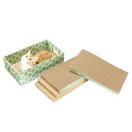 MECOOL Cat Scratching Board，5PC Cat Scratch Pad with Cat Scratch Box，Reversible Corrugated Cat Scratcher Cardboard and Lounge Bed for Indoor Cats, Catnip