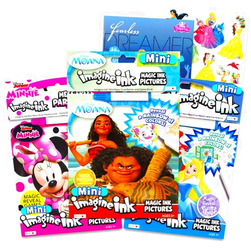 Disney Princess Magic Ink Coloring Book Set - Bundle of 3 Imagine Ink Books for Girls Kids Toddlers Featuring Disney Princess, Moana, and Minnie Mouse with Invisible Ink Pens and Stickers