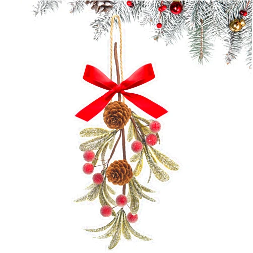 EZMeetU 1 Pack Christmas Mistletoe Decor Artificial Mistletoe Ornament with Red Ribbon Bow Berry, 10 in Mistletoes with Snowflakes,Mistletoe Door Kiss Ball,Hanging Mistletoe Decoration with Pine Cone