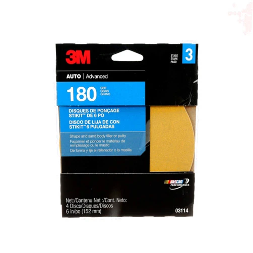 3M Sanding Disc with Stikit Attachment, 03114, 6 in, 180 grit, 4 discs per pack