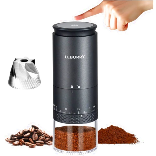 LEBURRY Burr Coffee Grinder - Portable Espresso Grinder with Stainless Steel Conical Mill for Travel, Camping - Cordless/Rechargeable Electric Coffee Bean Grinders with 38 Adjustable Grind Settings