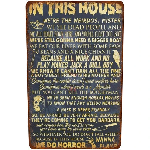 Qkyffzl Rustic Retro Metal Tin Sign in This House We Do Horror Halloween Tin Sign Funny Metal Signs Bedroom Novelty Parlor Wall Decor Country House Metal Tin Sign 16x12 Inches