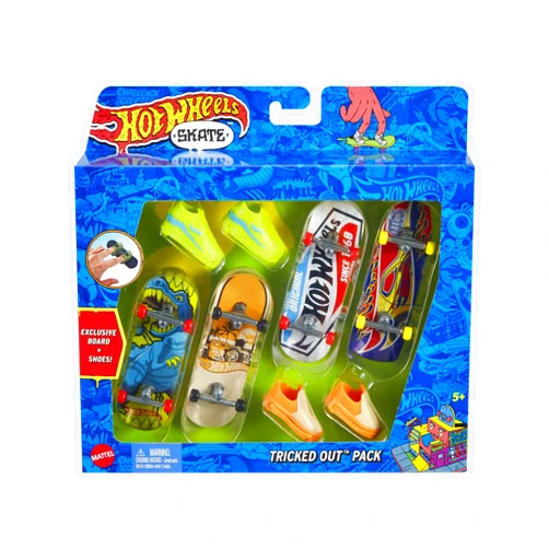 Hot Wheels Skate 4 Fingerboards & 2 Pairs of Removable Skate Shoes, Tricked Out Pack of Fully Assembled Boards, 1 Exclusive Set