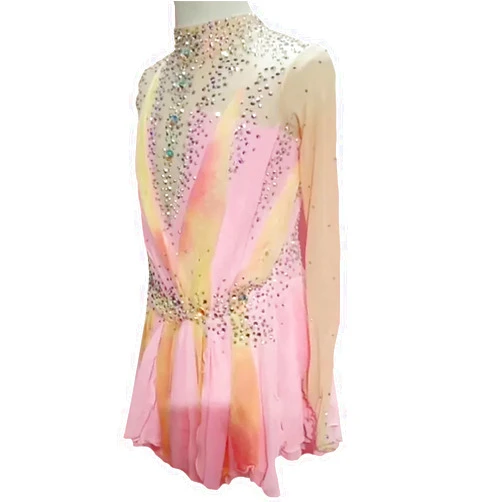 HGWBFB Figure Skating Dress Women's Girls' High Elasticity Ice Skating Dress Long Sleeves Handmade Crystal Competition, S,Pink