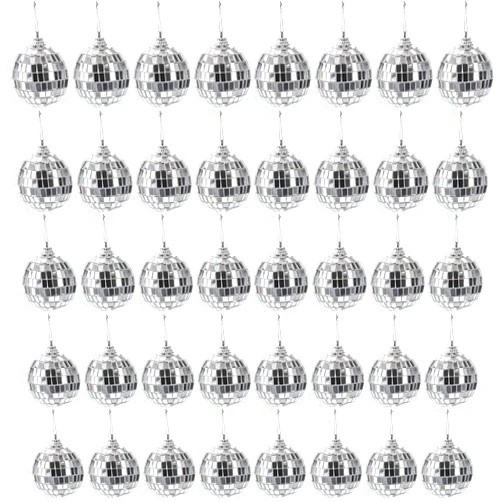 Suwimut 40 Pack Mirror Disco Ball, 2 Inch Silver Hanging Disco Light Mirror Ball with Attached String for Party Wedding Home Decoration, Stage Props, Christmas Xmas Tree Ornament