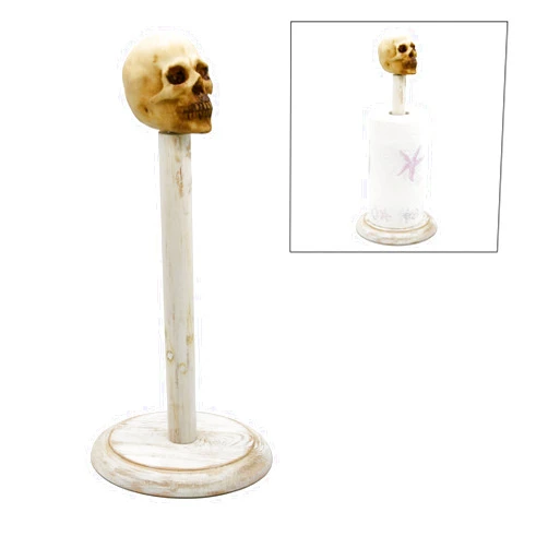 Owlgift Rustic Wood Skull Paper Towel Holder Stand Up Paper Towel Holder, Easy One-Handed Tear Kitchen Paper Towel Dispenser with Weighted Base for Standard Paper Towel Rolls,Rustic White