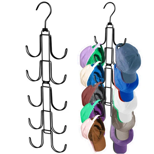 NAKBINX Hat Organizer for Closet, Collapsible Caps Rack with 10 Rotatable Large Hooks, Holds Up to 40 Baseball Caps, Metal Space Saving Hat Hanger for Display, Storage and Closet Organizers, Black