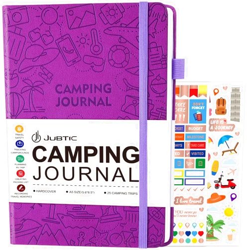 JUBTIC Camping Journal and RV Travel Log Book, A5 Adventure Journal for 25 Camping, Hiking Journal, Family Travel Books Camper Essentials Camping Gifts for Women-Purple