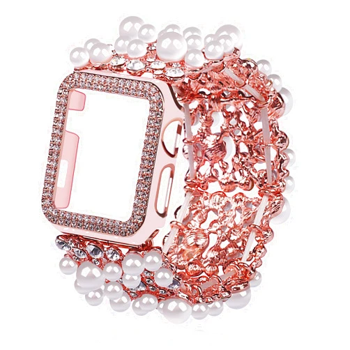 VIIVY VIYIV Bling Band with Case Compatible with Apple Watch Bands Series 9 8 7 SE 45mm 44mm 40mm 38mm 41mm 42mm for Women, Smart Watch Bracelet Straps with Starlight Cover, Pearl Dressy Cute Elastic Diamond Wristband for iWatch bands 6 5 4 3 2