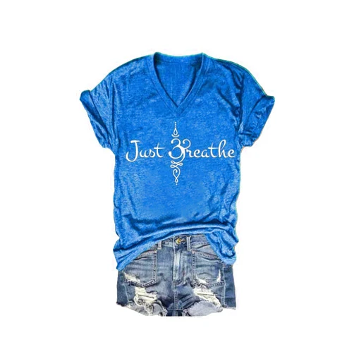MOGUI Just Breathe T Shirts for Women V Neck Shirt Lotus Flower Graphic T-Shirt