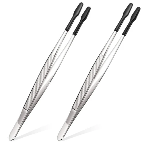 Honoson 2 Pieces Rubber Tipped Tweezers PVC Rubber Coated Soft Non Marring Flat Tip Lab Industrial Hobby Craft Tweezers Tools Jewelry Coin Stamp Tongs(Black)