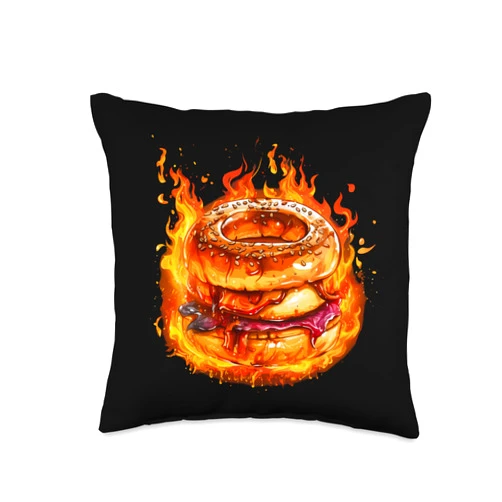 Funny burning Bagel with Flames Burning Bagel for Fire and Flames Food Lovers Throw Pillow, 16x16, Multicolor