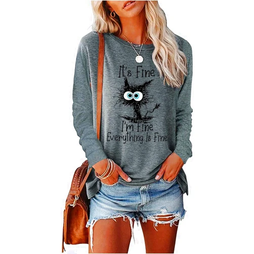 WFIAOUESS It's Fine I'm Fine Everything is Fine Sweatshirt Fine Funny Cat Christmas Sweatshirt for Women Cute Fine Tee Tops