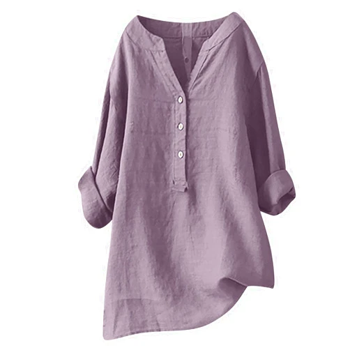 Generic Women Long Sleeve Cotton Linen Shirts 2024 Casual Solid Color V-Neck Button Down Shirts Trendy Oversized Spring Tops