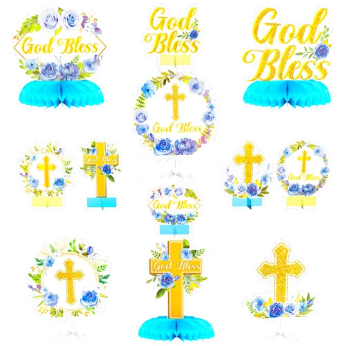ANGOLIO 12Pcs Blue Floral God Bless Honeycomb Centerpieces Baptism Party Honeycomb Centerpieces God Bless Christian Party Table Decorations for Baby Boys Girls Gender Reveal Christian Theme Supplies